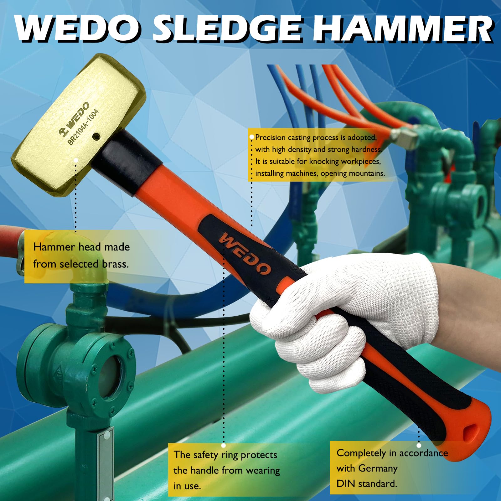 WEDO Maza Albañil con Mango de Fibra Vidrio,Latón Martillo,Maza pequeña2000g,Largo 400mm,Cabeza forjada,Herramienta de mano