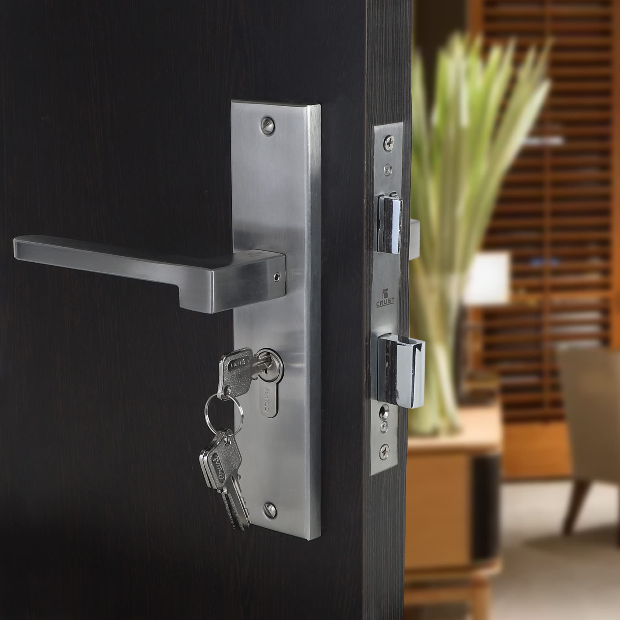 BLUE SPACE Premium 8" Cylindrical Plate Mortise Door Lock Handle Set/Mortise Lock with Brass Lock Body and One Side Key 60mm Brass Cylinder Set with 3 Brass Computer Keys (LB306, Matt Satin)