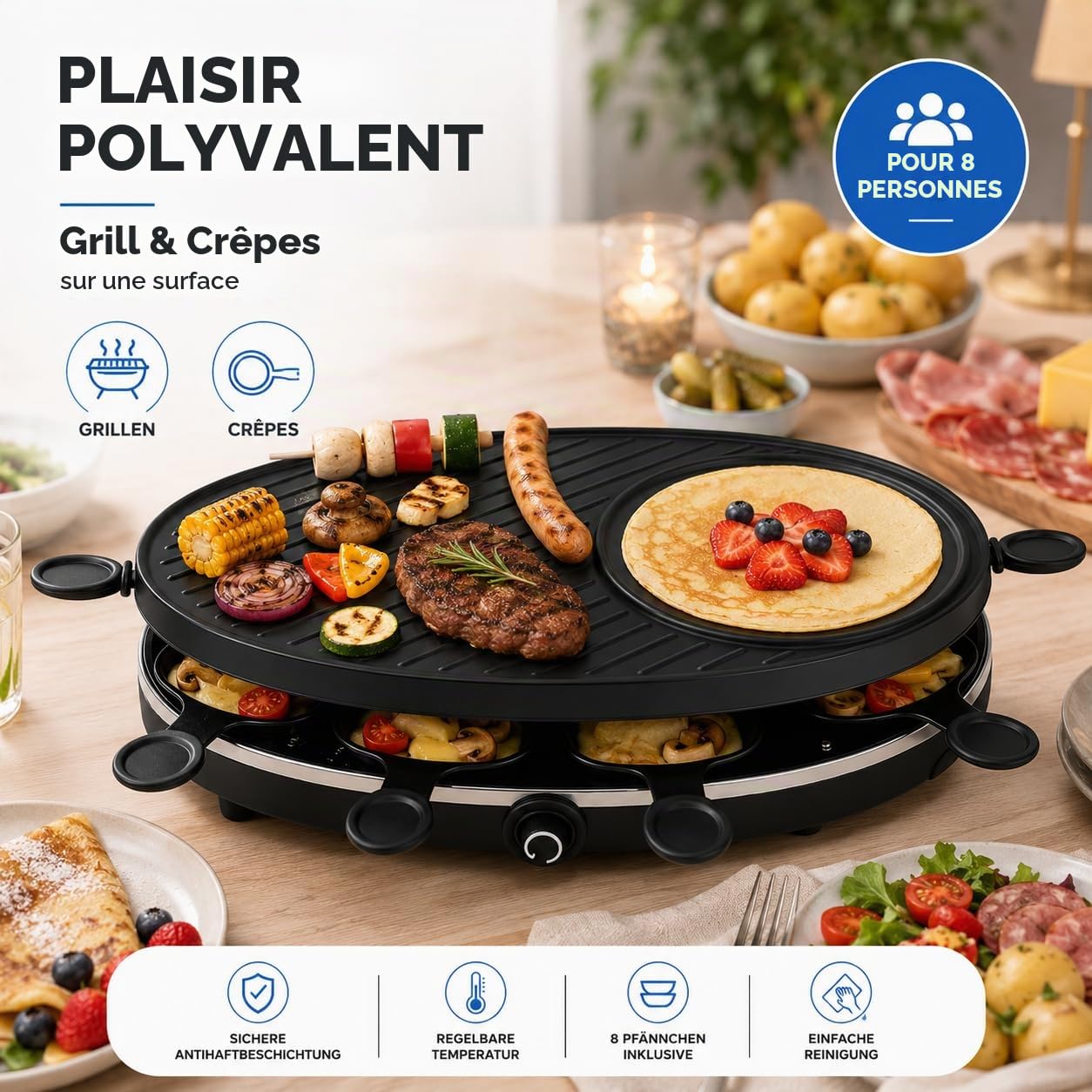 Set de raclette pour 8 personnes - Gril ovale - Avec fonction crêpes - Barbecue de table avec poêlons et grattoirs - ROND (TK49304)