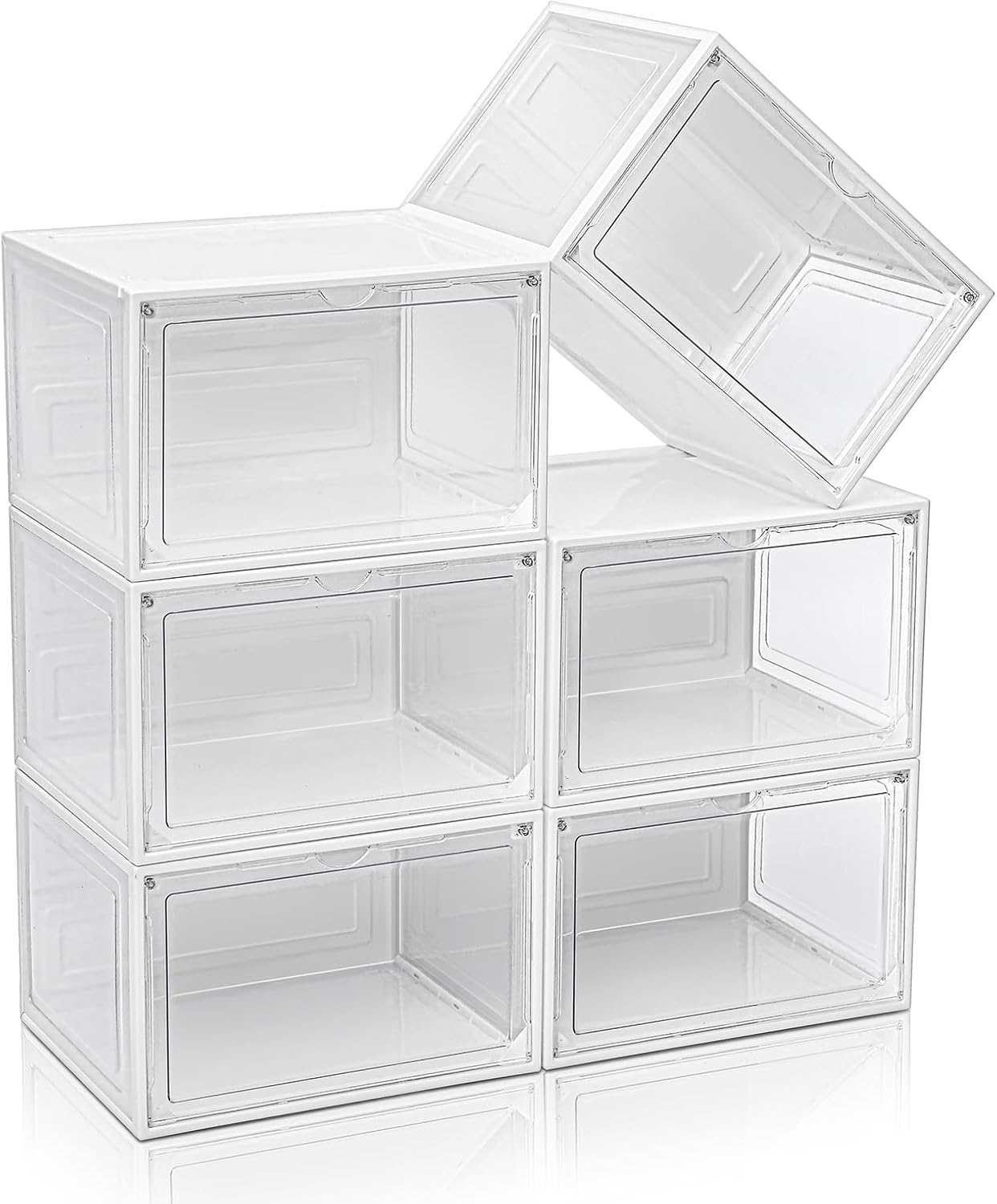 6 Pack Clear Shoe Boxes Stackable,Large Shoe Storage Organizer with Magnetic Door,Drop Side Shoe Containers for Entryway,Sneaker Storage Fit up to US Size 12 for Men/Women (Clear and White, 6 Pack)