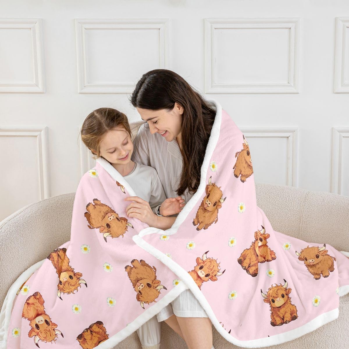 Feelyou Highland Cow Fleece Throw Blanket Pink Cute Floral Sherpa Blanket for Kids Women Men Plush Fuzzy Coquette Aesthetic Queen 90"x90" Cute Animal for Bed Couch Chair Living Room Bedroom Decor image 4