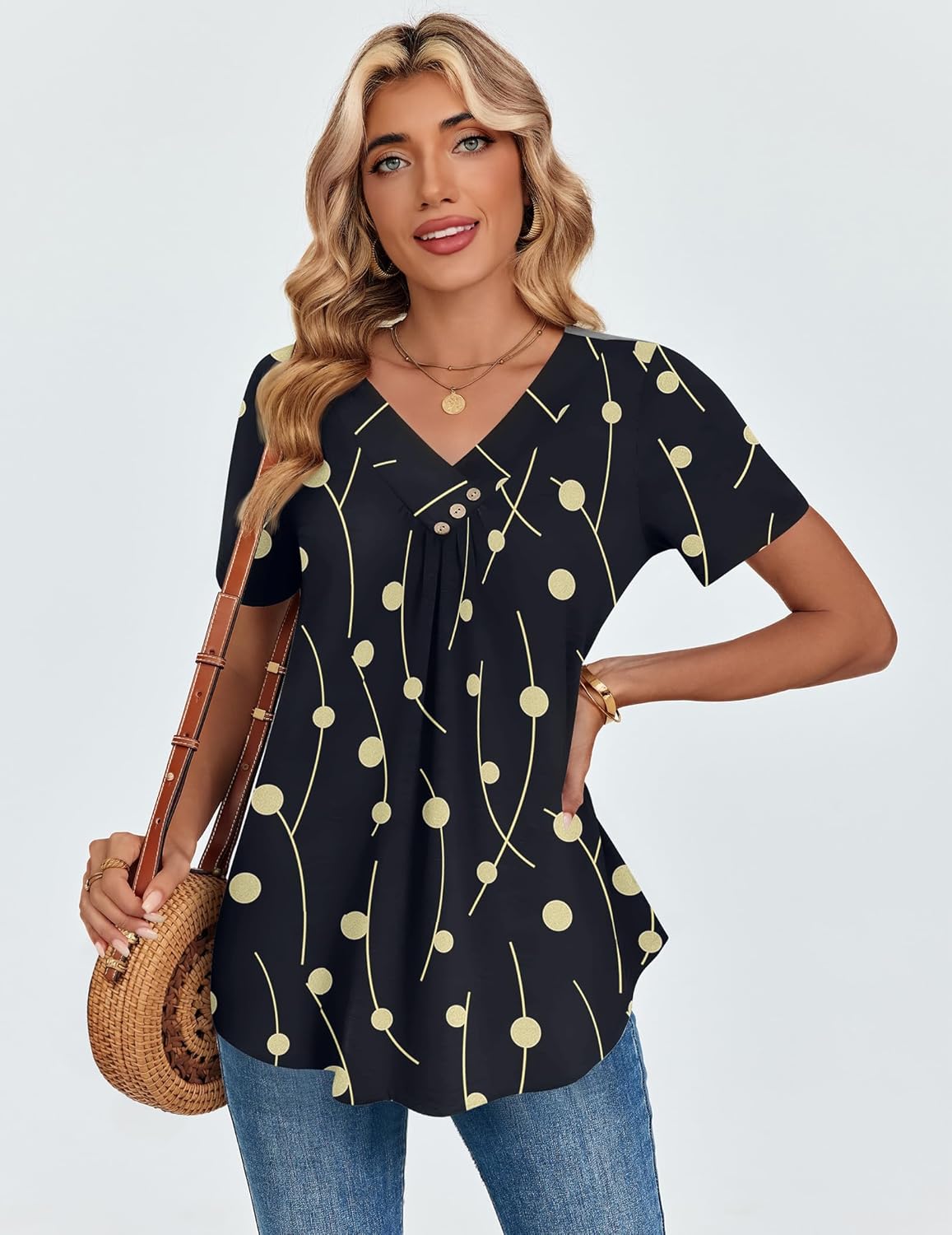 Zeagoo V Neck Short Sleeve Shirts for Women Dressy Casual Blouses Pleated Summer Tunic Tops - Image 5