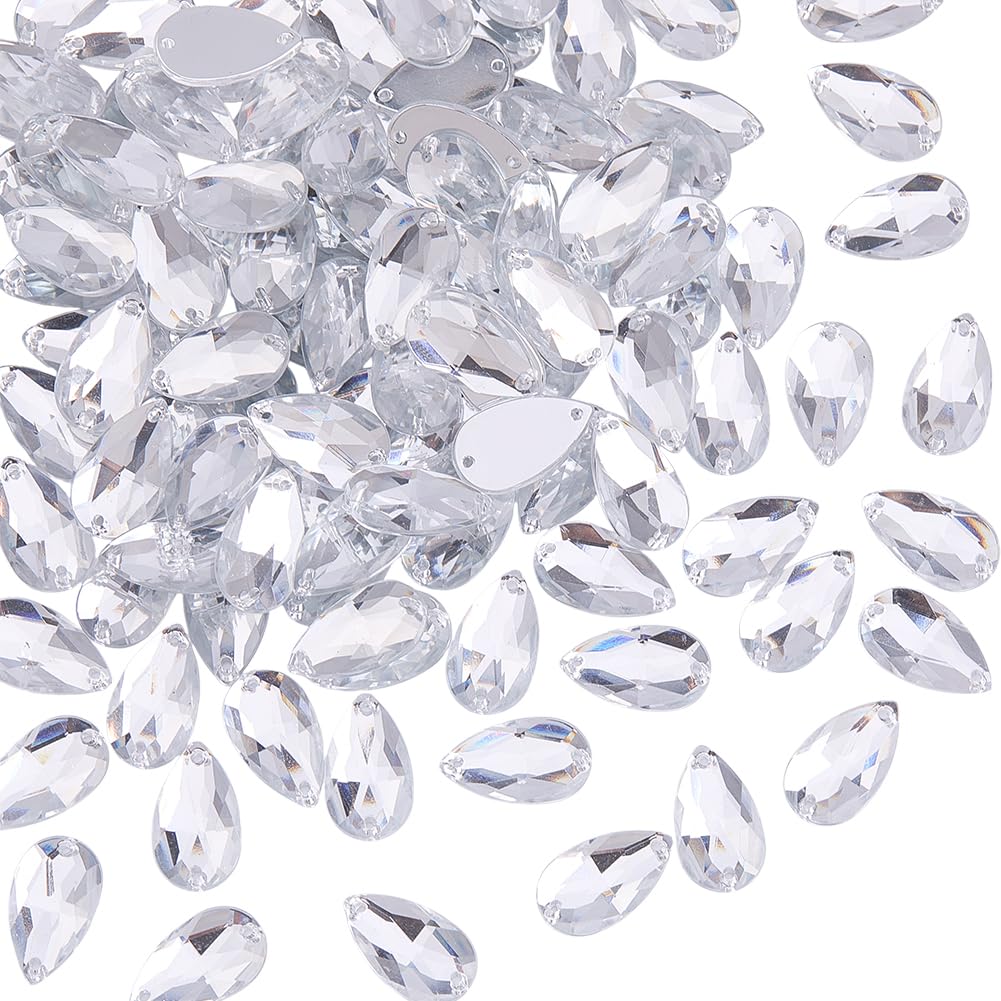 GOMAKERER 100 Pcs Teardrop Shape Sew on Beads, Flat Backed Sew on Mirror Rhinestones Acrylic Sew-on Stone Flat Back Glass Rhinestone with 2 Holes for Dress Decor Cloth Garment Decoration, Clear