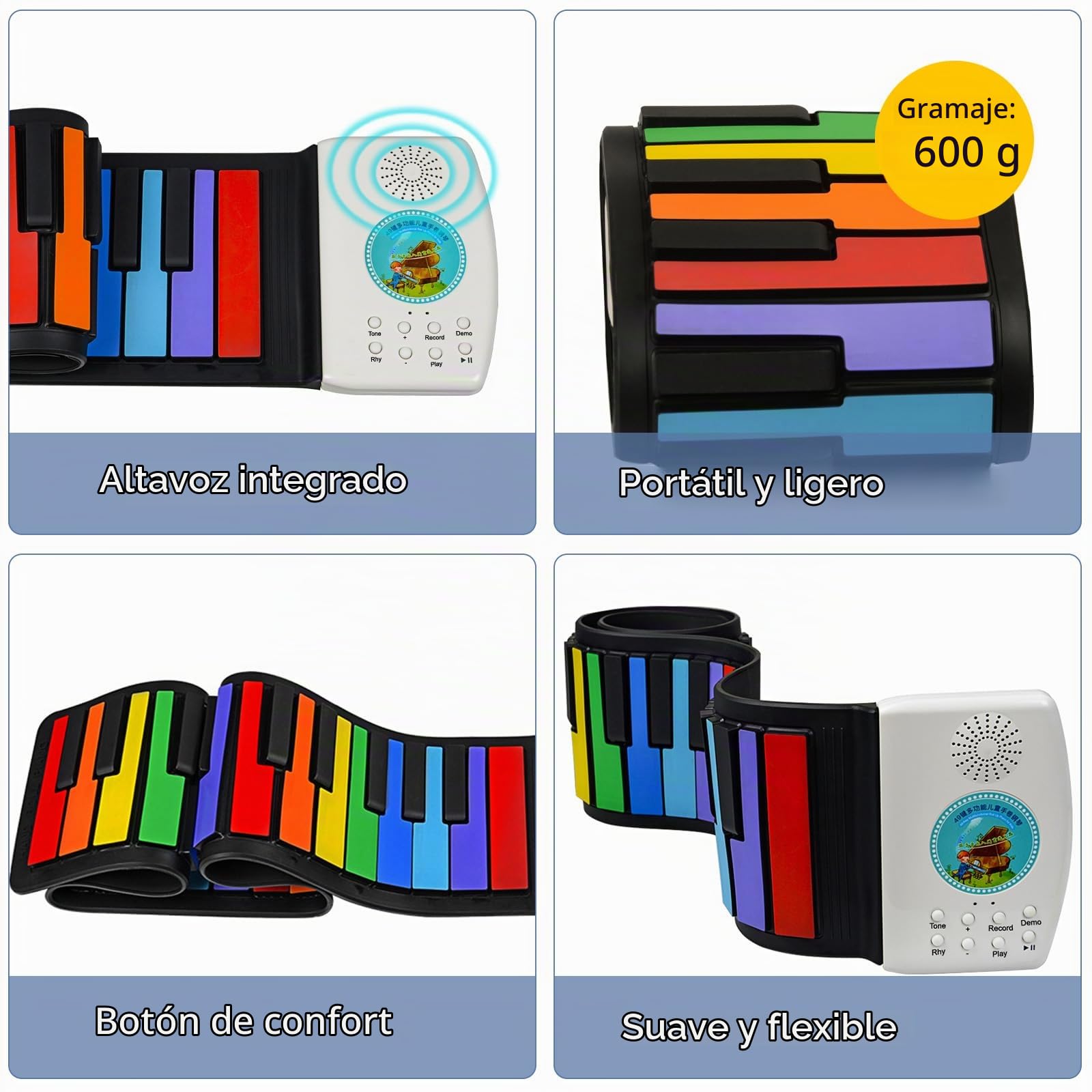 Piano de Silicona Enrollable y Portátil - 47 Teclas, 14 Canciones de Demostración Para Principiantes y Profesionales