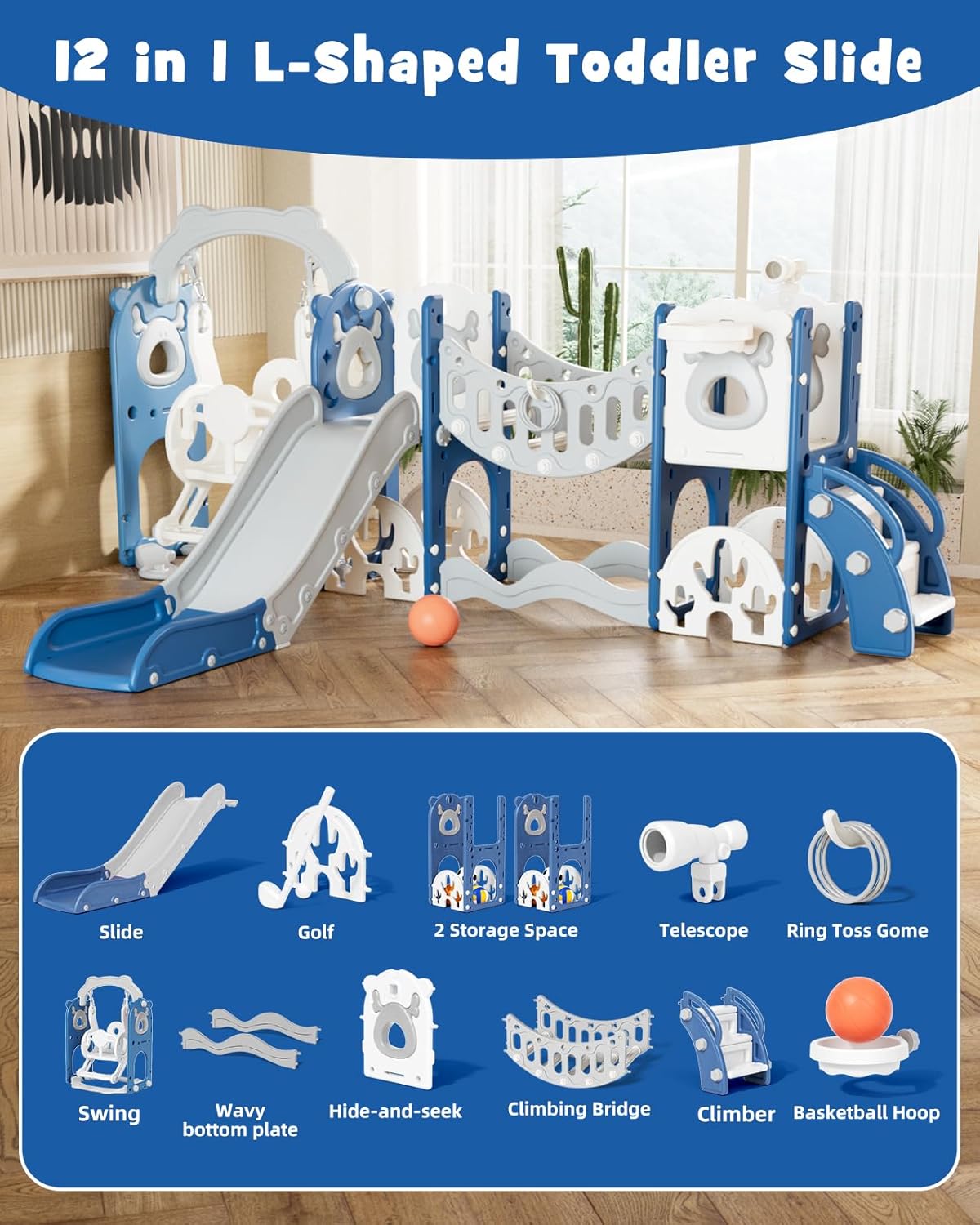 XJD 12-in-1 Toddler Slide and Swing Set, Kids Slide for Toddlers Age 1+, Toddler Outdoor Playset New Upgrade with Golf Set, Basketball Hoop, Drawing Board for Playground (Blue)