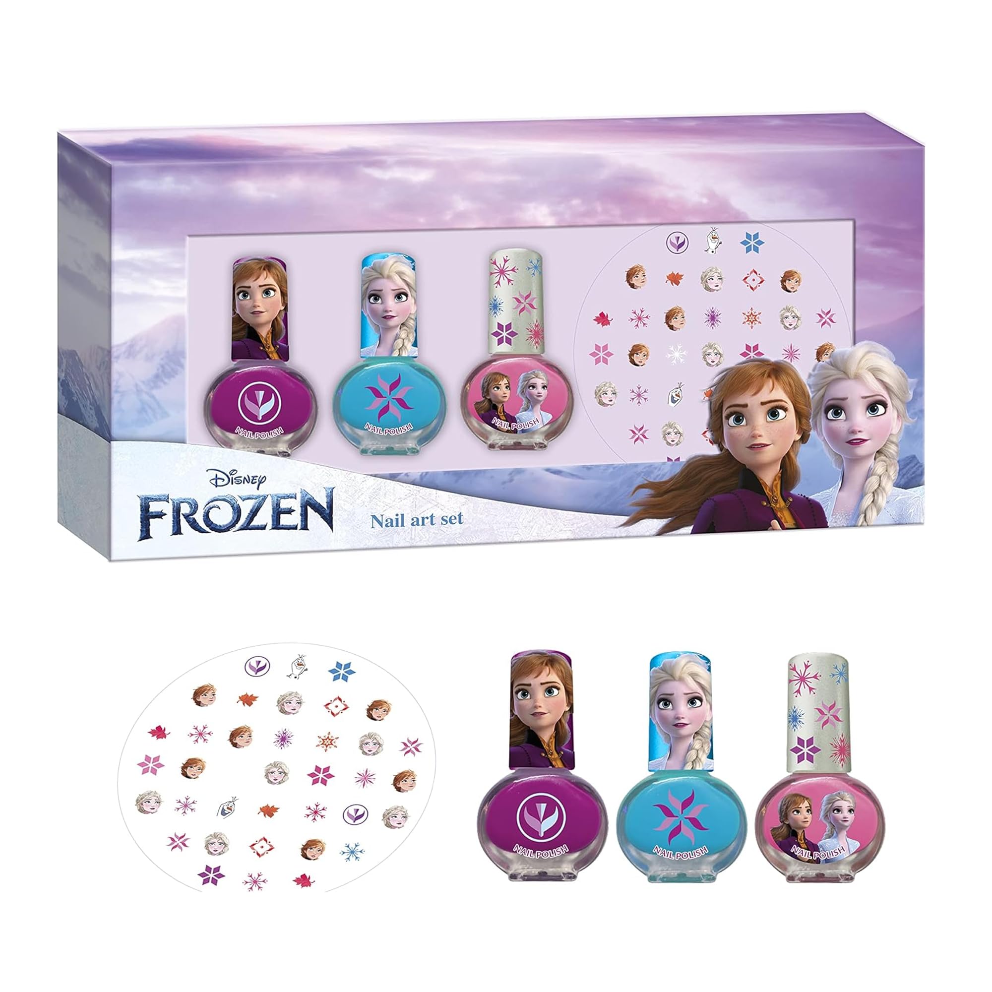 Disney Frozen Nail Art Set for Girls - Complete Nail Decoration Kit with 3 Nail Polishes (Sky Blue, Neon Pink, Bright Pink), Nail Stickers, - Best Gift for Kids Aged 3+