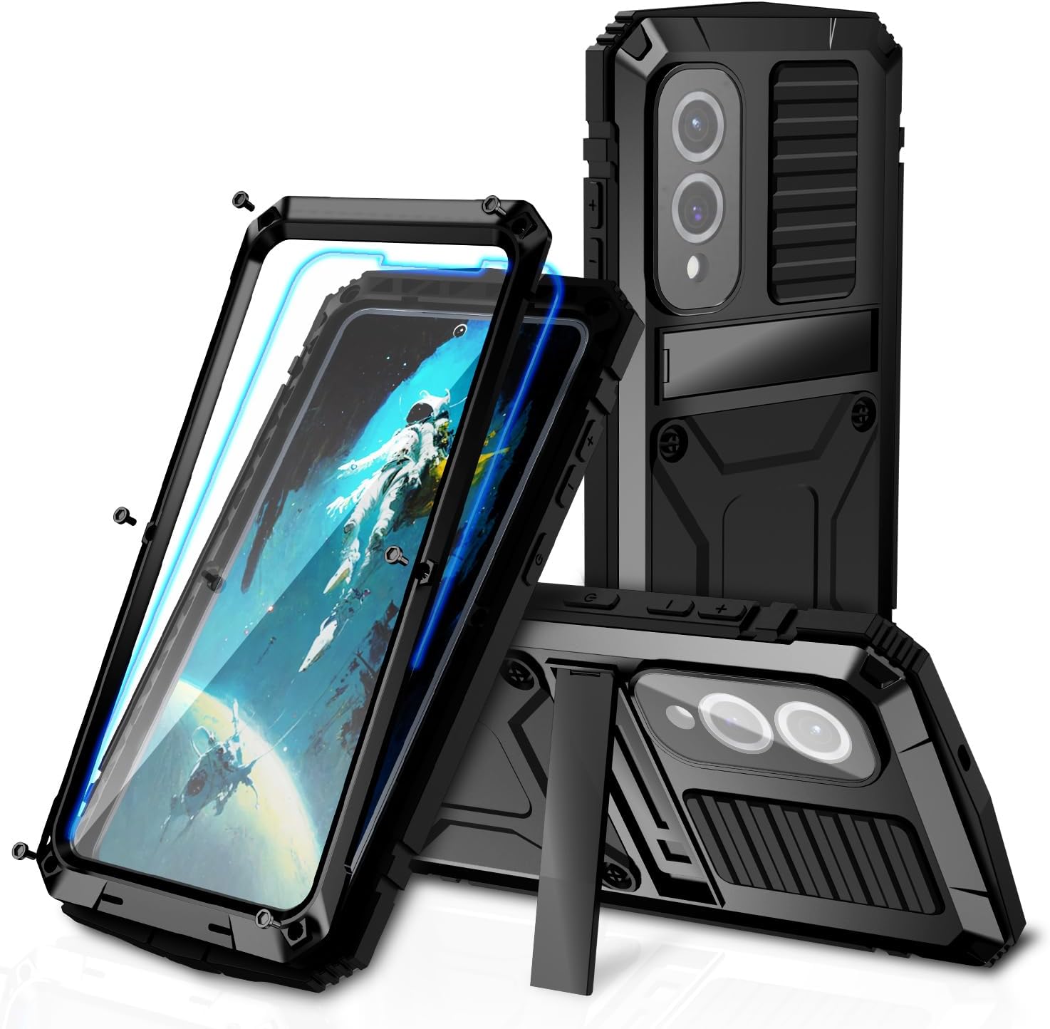Metal Heavy Duty Case for Samsung Galaxy S25 Edge Aluminum Military Grade Rugged Case with Metallic Stand Screen Protector Screws Dustproof Shockproof Full Cover for Man (Black)