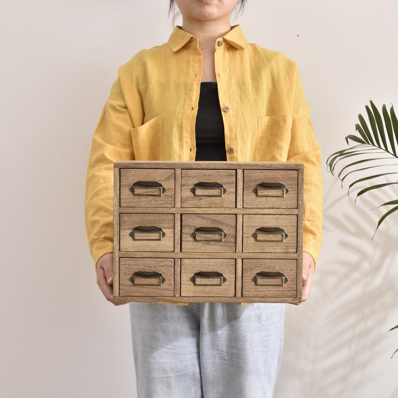 KIRIGEN Cajonera de Madera, Caja de Escritorio, 9 Cajones, Marrón Oscuro | Paulonia maciza; 36 x 16 x 26,6 cm; tiradores metálicos; clasifica material de oficina y objetos pequeños
