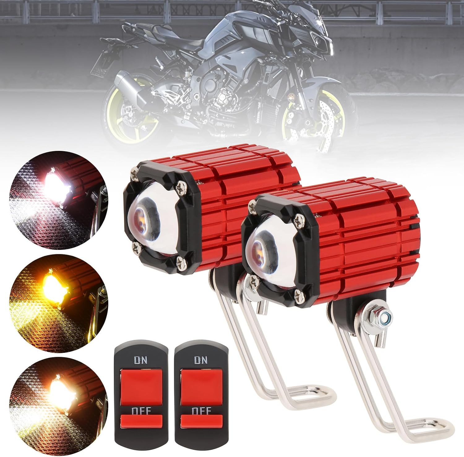 Windance 2PCS Motorcycle Fog Light, Yellow White 4 Mode Super Bright LED Driving Light with Switch, 6500K 9V-85V Auxiliary Spotlight