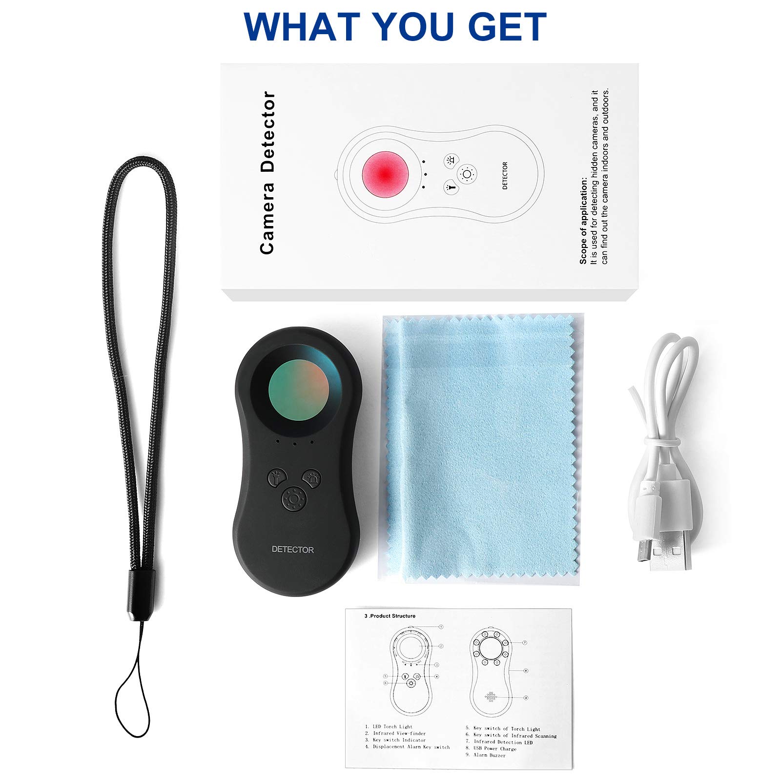 Detector de cámara oculta antiespía con luces de flash LED, cámara de bolsillo portátil, equipaje y alarma personal 3 en 1, función de defensa para el hogar, oficina y viajes