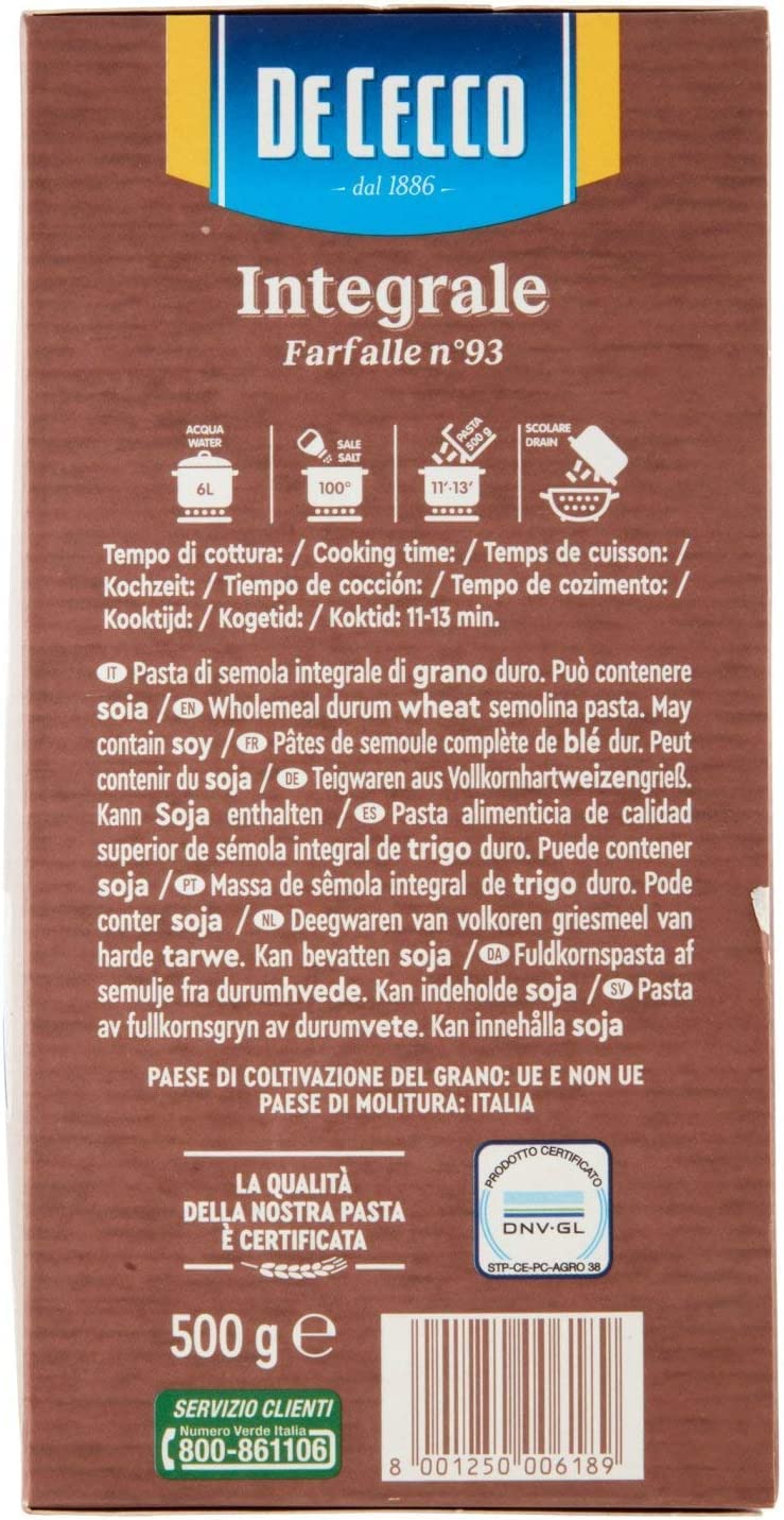 Italian Gourmet Pasta Farfalle integrali n. 93, Vollkornnudeln, 24 x 500g