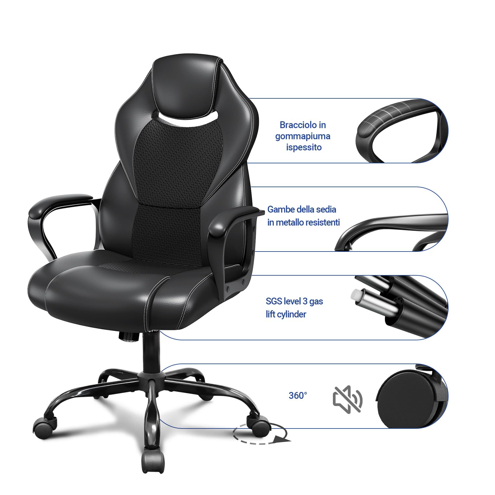 BASETBL Sedia da Ufficio Ergonomica con Supporto Lombare, Sedia Scrivania Poltrona Girevole ad Altezza Regolabile per Ufficio e Studio — Nera