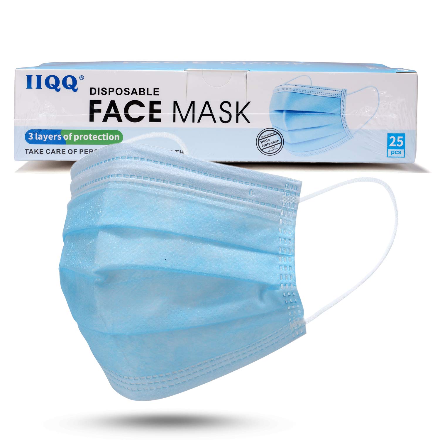 IIQQ Face Mask Disposable Safety Mask with Elastic Ear-hooks Breathable 3-Layer Protection for Adults Teens 25PCS Blue