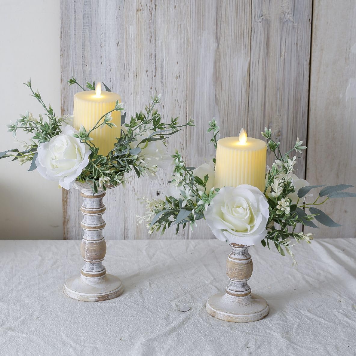 2 Pcs Artificial Flowers Candle Rings Fake Roses Floral Wreaths Wedding Centerpieces for Tables Spring Summer Farmhouse Weddings Party Ceremony Decor (White)