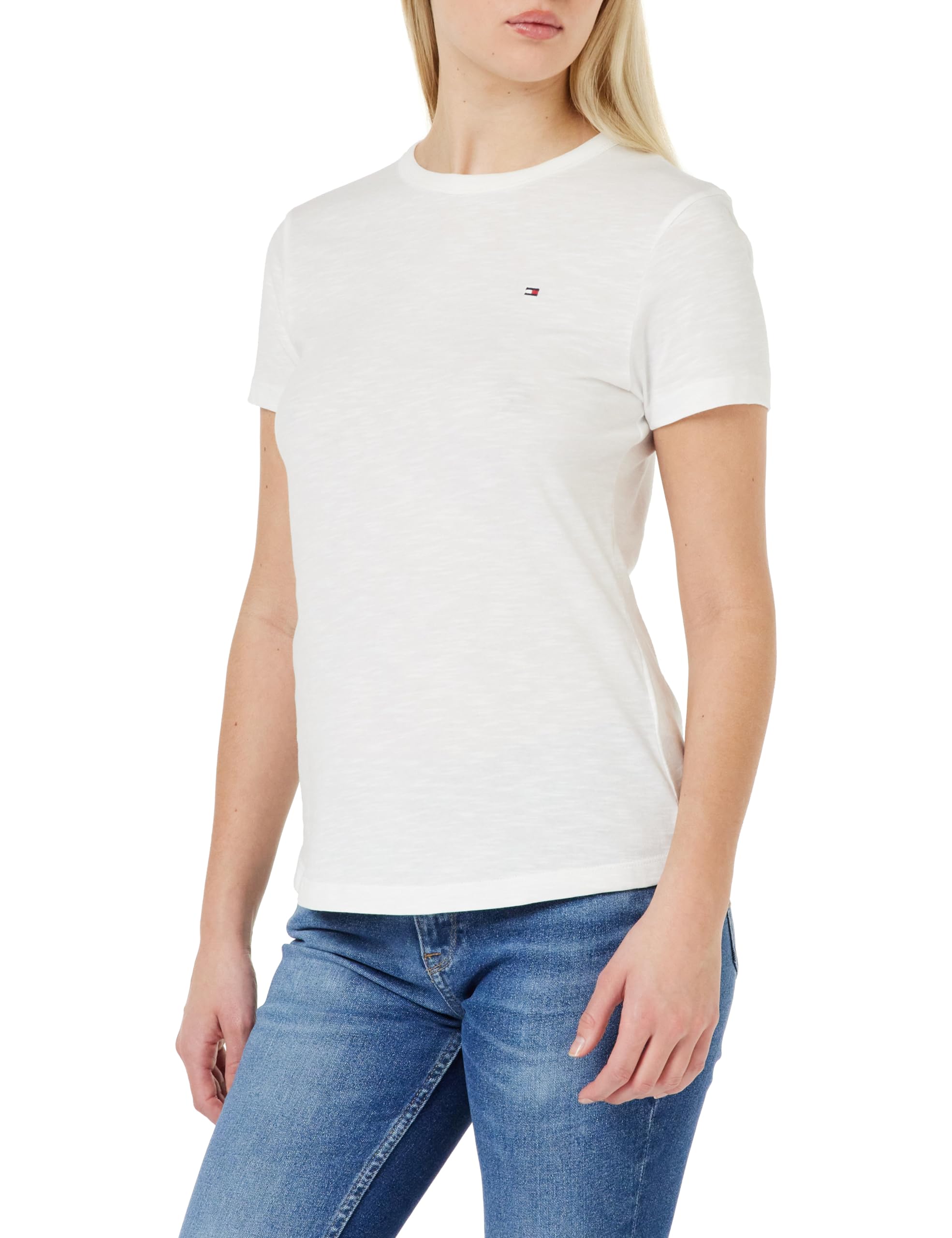 Tommy Hilfiger Women's 1985 Slim SLUB C-NK SS WW0WW37857 S/S Knit Tops, Th Optic White, L
