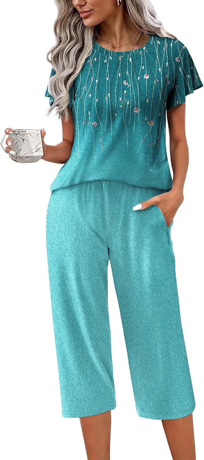 Ekouaer Capri Pajamas Set Women's Ruffle Sleeve Top and Capri Pants Soft Sleepwear Loungewear with Pockets