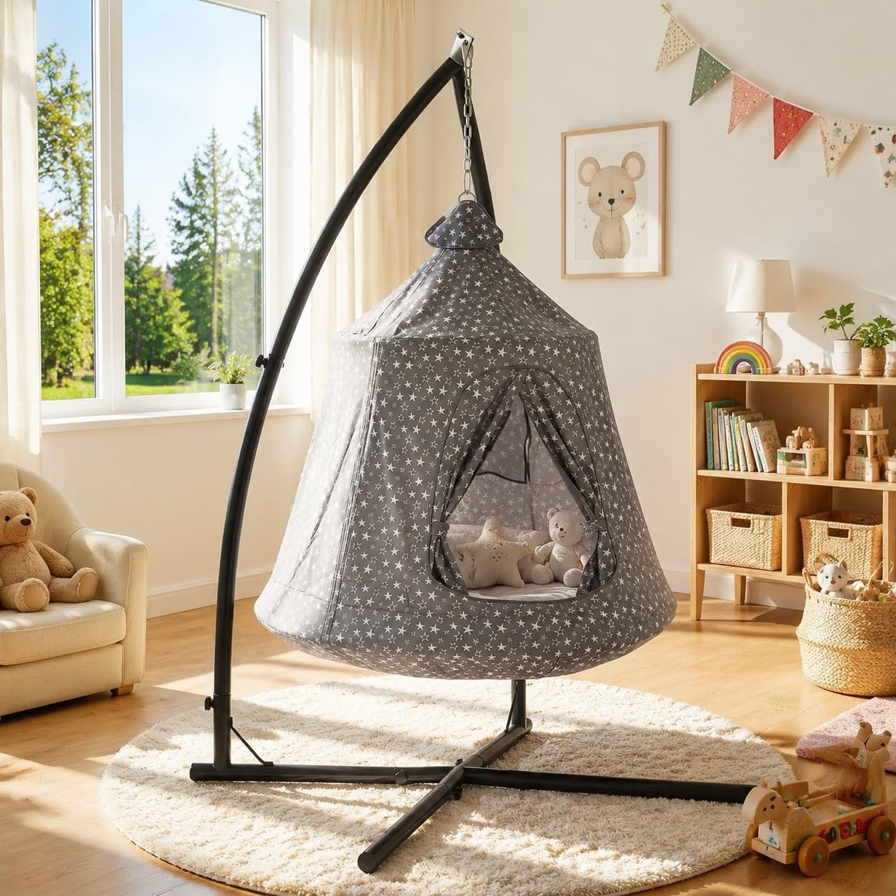 MAMIZO Silla Colgante con Soporte Interior y Exterior,Tienda Colgante de Camping,Columpio Jardin,Balancin,Hamaca con Luces LED,con cojín Hinchable,Carga de 150 kg,Gris