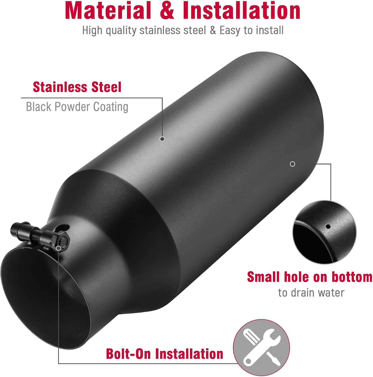 Upower 4 inch Inlet Exhaust Tip, 6” Outlet 15” Long Stainless Steel Black