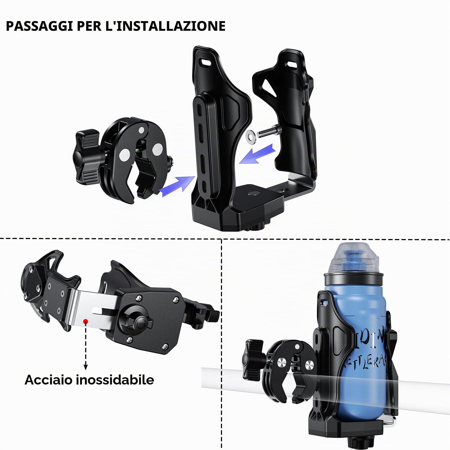 iMESTOU Portabottiglie per Moto, Supporto per Bottiglia D'acqua ATV Compatibile con Diametro 50-90 mm Tazze Bottiglie per Bevande Adatte per Manubri da 12-45 mm su Bici Scooter Passeggino Carrello