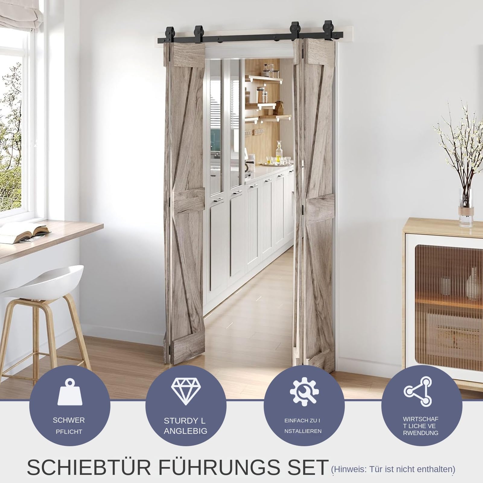 Kit de accesorios para puertas de granero, puerta plegable, kit de hardware para puerta corredera de 4,8 pies, juego de hardware en forma de T - Ruedas negras para armario - Accesorio para apartamento