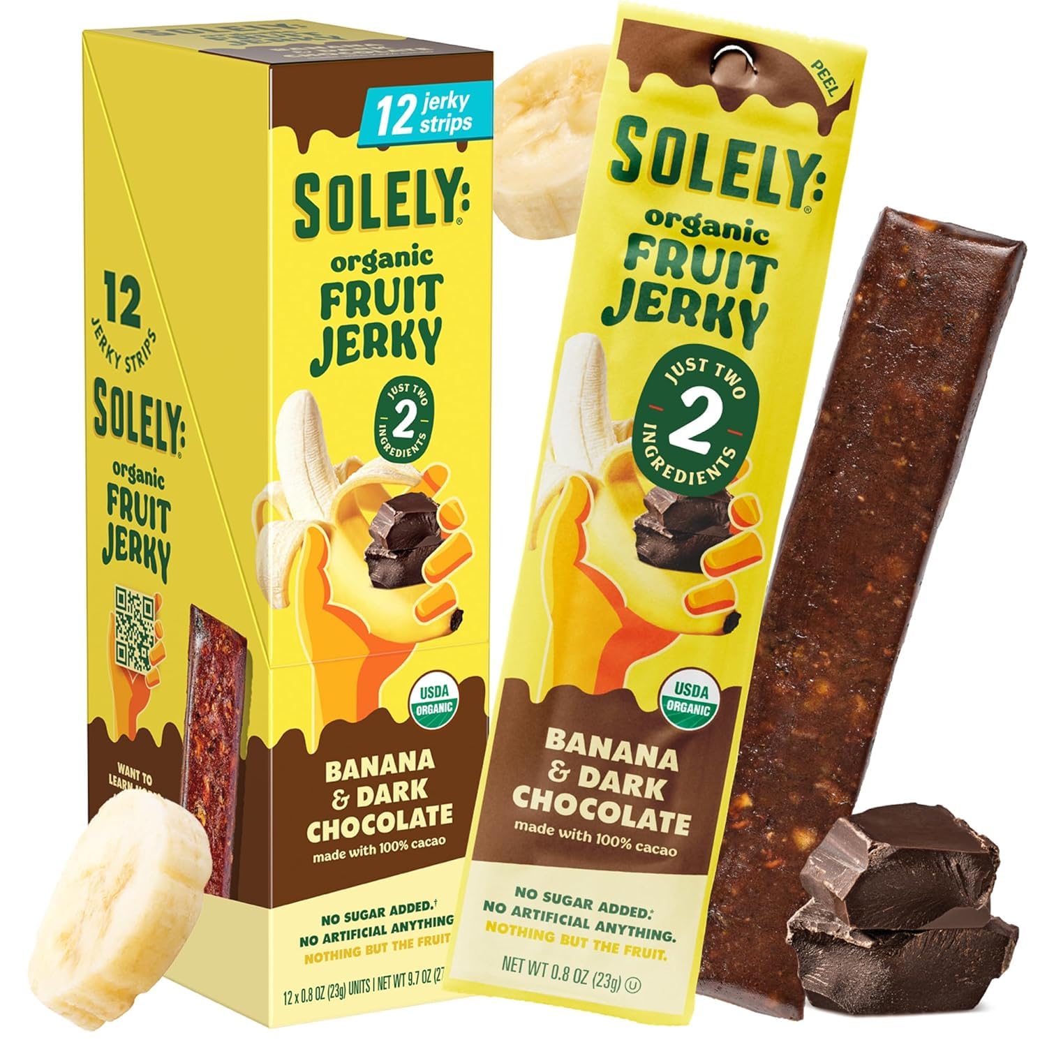 Organic Fruit Jerky, Banana with Cacao, 12 Strips, 0.8 oz (23 g) Each, Solely