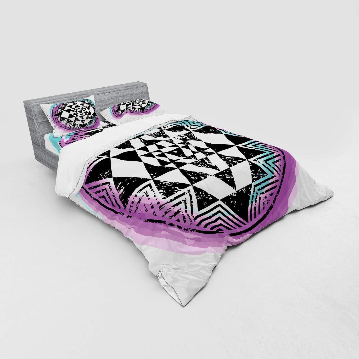 Ambesonne Star Mandala Bedding Set, Grunge Exotic Geometric Triangles with Watercolor Blue and Purple Tone Details, 3 Piece Duvet Cover Set with Sham and Fitted Sheet, Queen Size, Multicolor