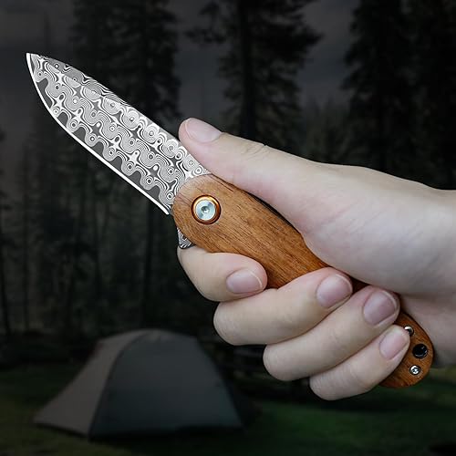 Vista 48 de Navaja de bolsillo con rompecristales, cuchillo plegable EDC Damasco con cortador de cinturón de seguridad, 3.35 pulgadas VG10 de hoja de acero