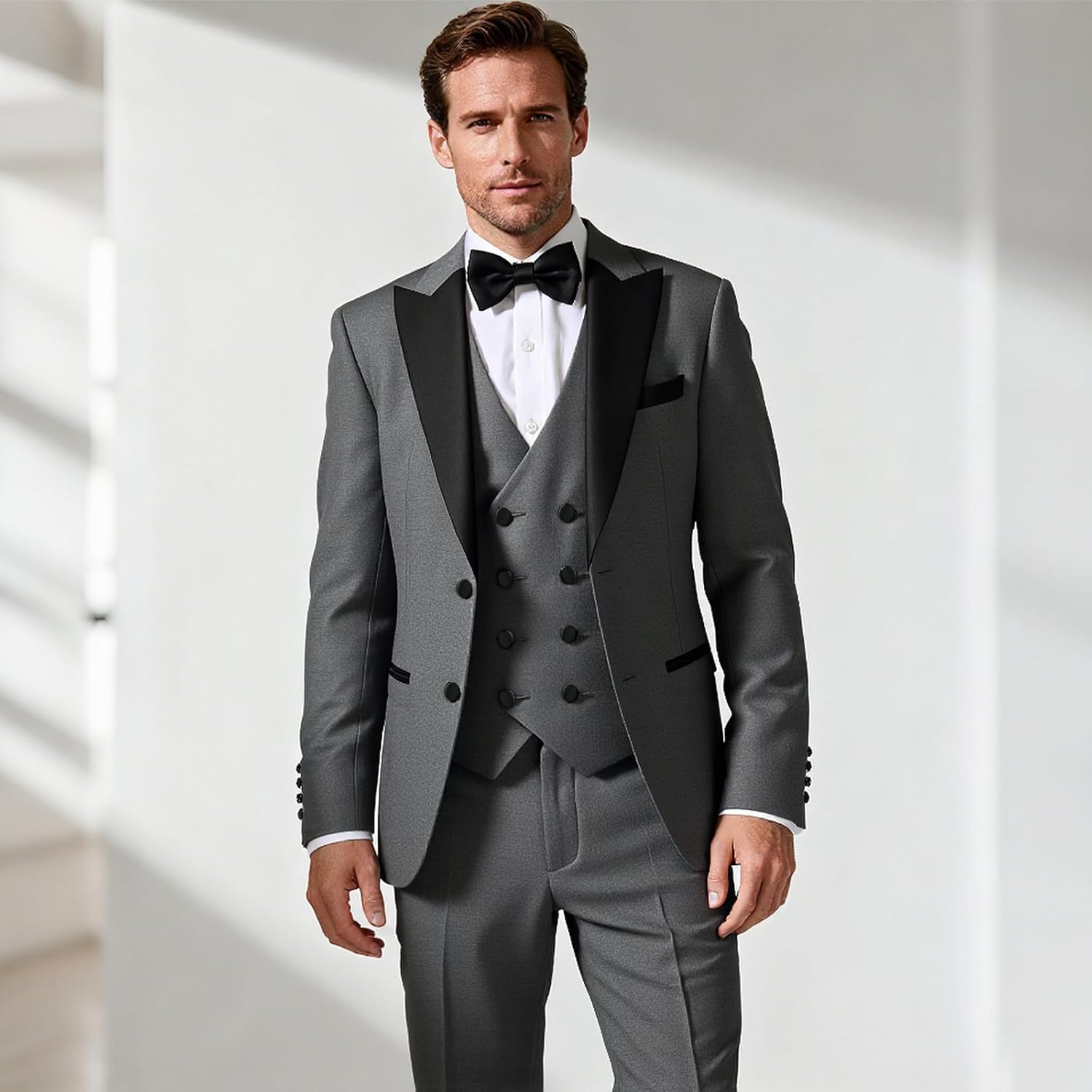 Mens Suit 3 Pieces Peak Lapel Blazer Slim Fit Tuxedo Formal Two Button Jacket Vest Pants for Wedding Prom