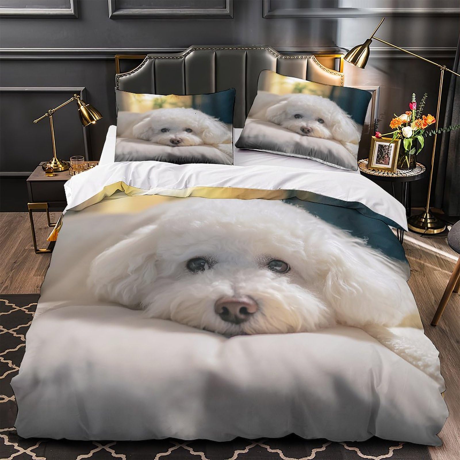 Housse de couette chien blanc hypoallergénique et microfibre douce
