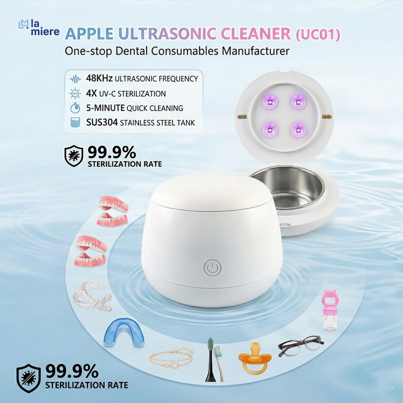 LA MIERE Pulitore ad ultrasuoni aggiornato da 48 kHz, capsula per la pulizia dentale da 200 ml con 4 luci UV-C e 4 modalità, detergente sonico per allineatori, guardia notturna, paradenti, spazzolini