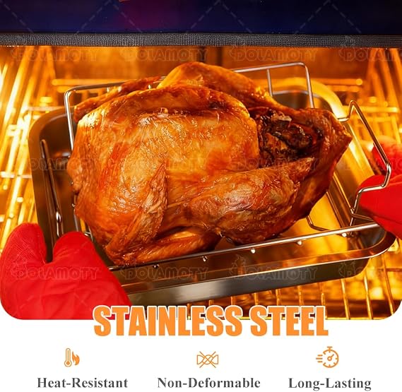 Turkey Roaster Roasting Rack with Pan, 15.6*11.6*2.8 inch Stainless Steel Roasting Pan with U Rack and Flat Rack for Smoker Smoking/Dual Purpose fit for Large Big Green Egg and Kamado Joe Etc