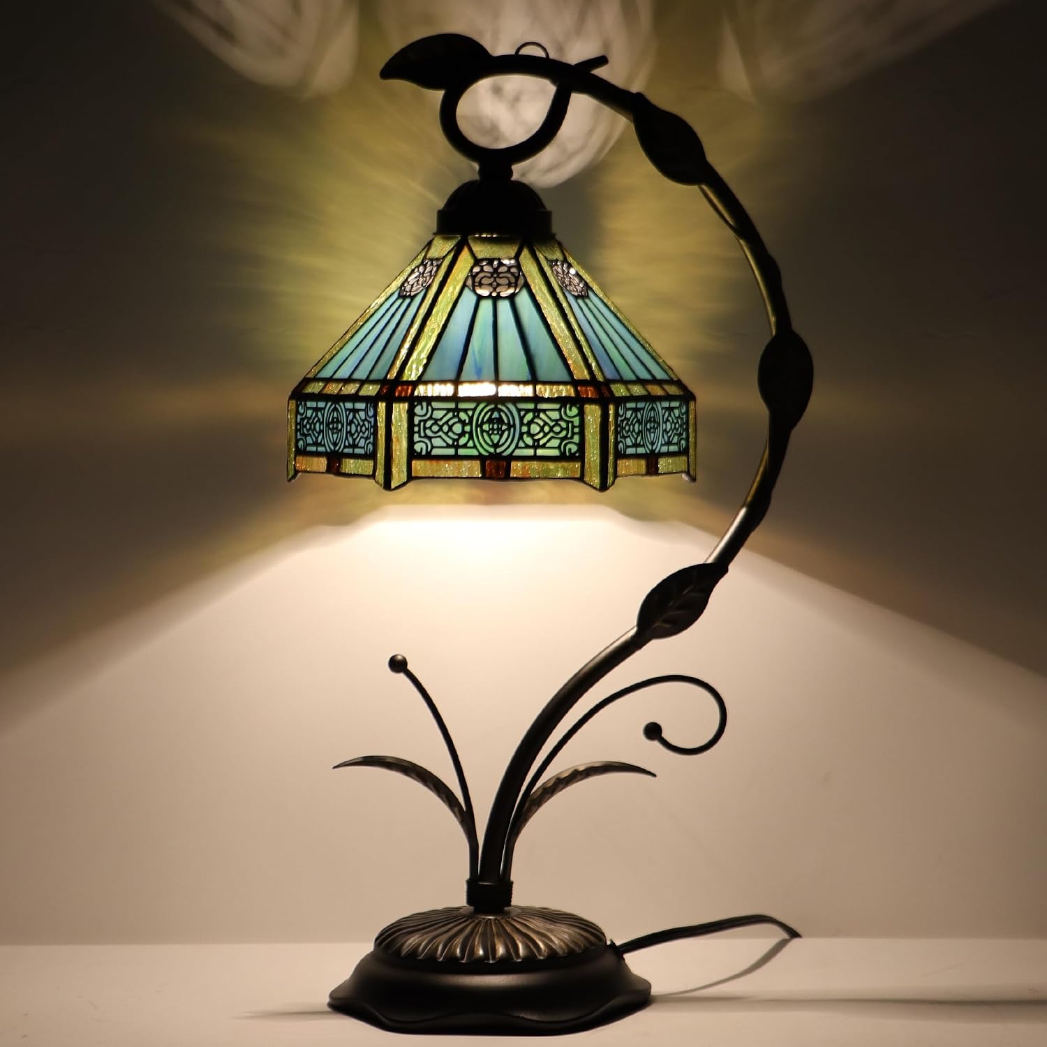 Tiffany Lamp Stained Glass Table Lamp Metal Leaf Base 8X10X19 Inch Reading Desk Light (Hexagon Mission Style)