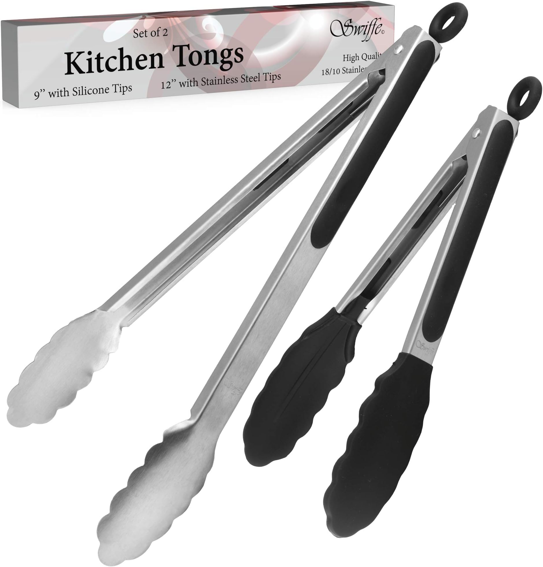 Stainless Steel Kitchen Tongs Set of 2 – Premium Multipurpose 9” with BPA Free Heat Resistant Silicone Tips and 12” with Metal Tips for BBQ, Grilling, Serving - Easy Lock - by Swiffe