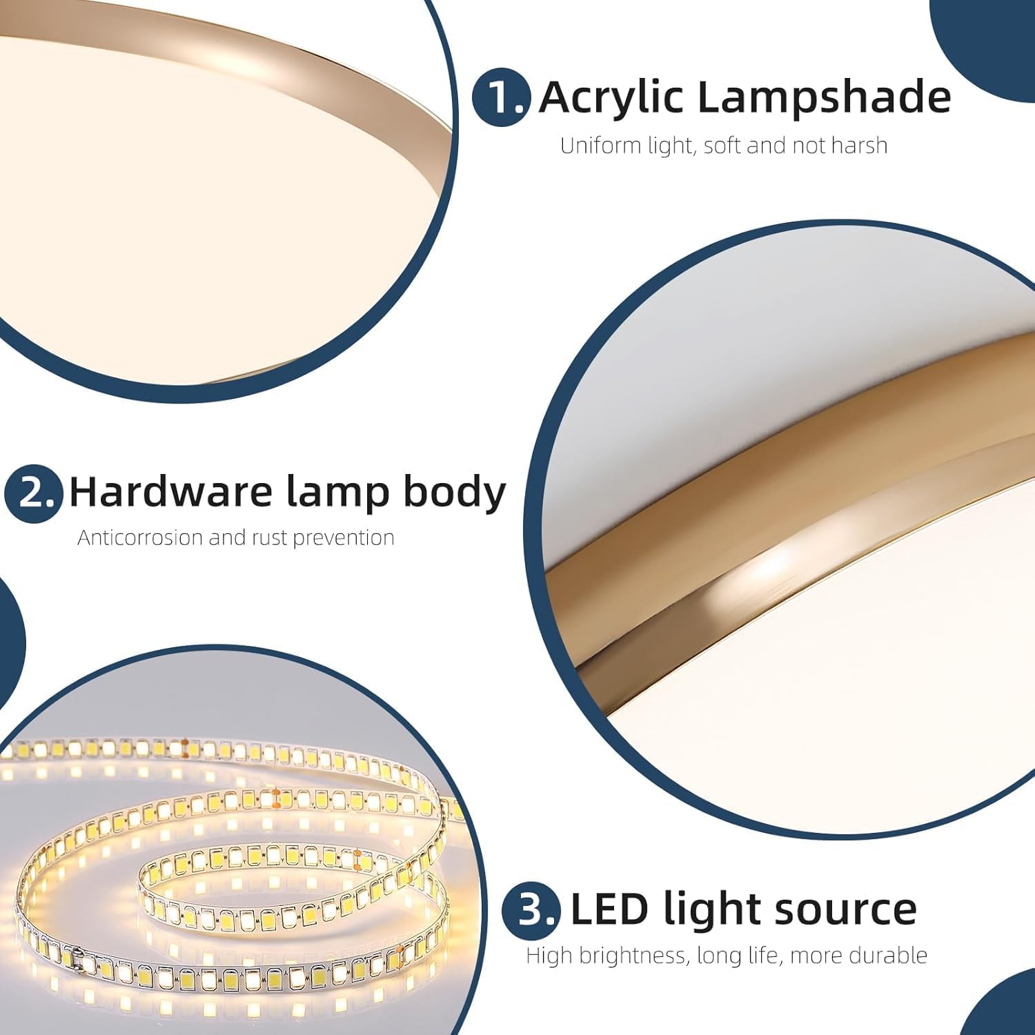 Dimmable LED Flush Mount Ceiling Light, 19inch Gold Bedroom Ceiling Lamps, Ultra-Slim, 40W, 3000K-6000K Adjustable, Modern Kitchen Lighting Fixture for Living Room, Bathroom, Office, Study