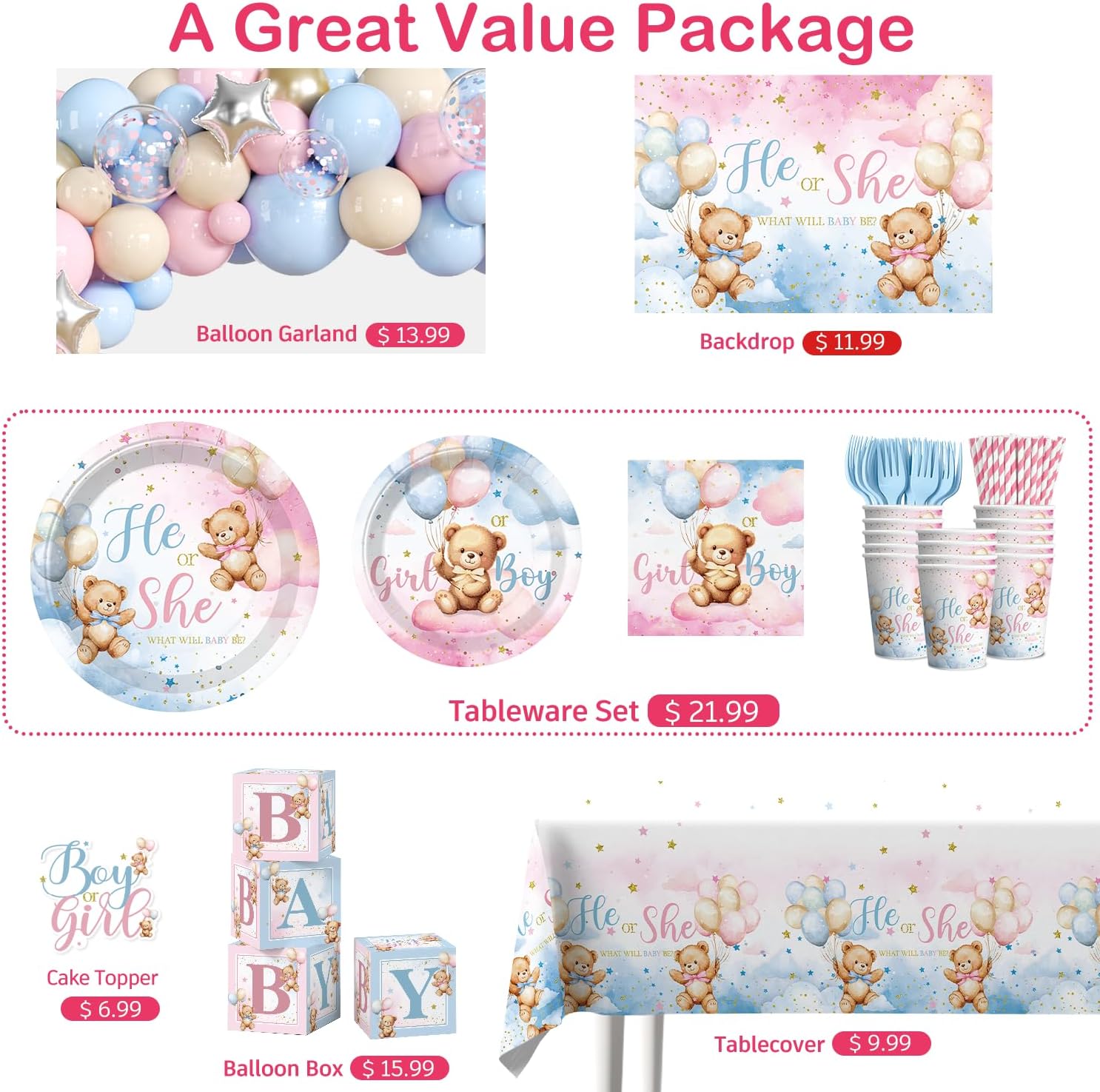 cocomigo 232pcs Bear Gender Reveal Decorations Complete Party Set, He or She Baby Gender Reveal Decorations, Boy or Girl Bear Theme Party Supplies, Serves 20 Guests