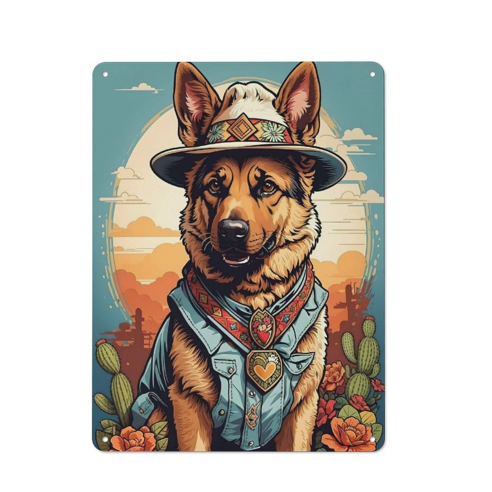 Industrial German Shepherd Cowboy Industrial Metal Sign 40x30cm, Industrial Wall Decor for Workspace, Cafe, Hallway Or Garage