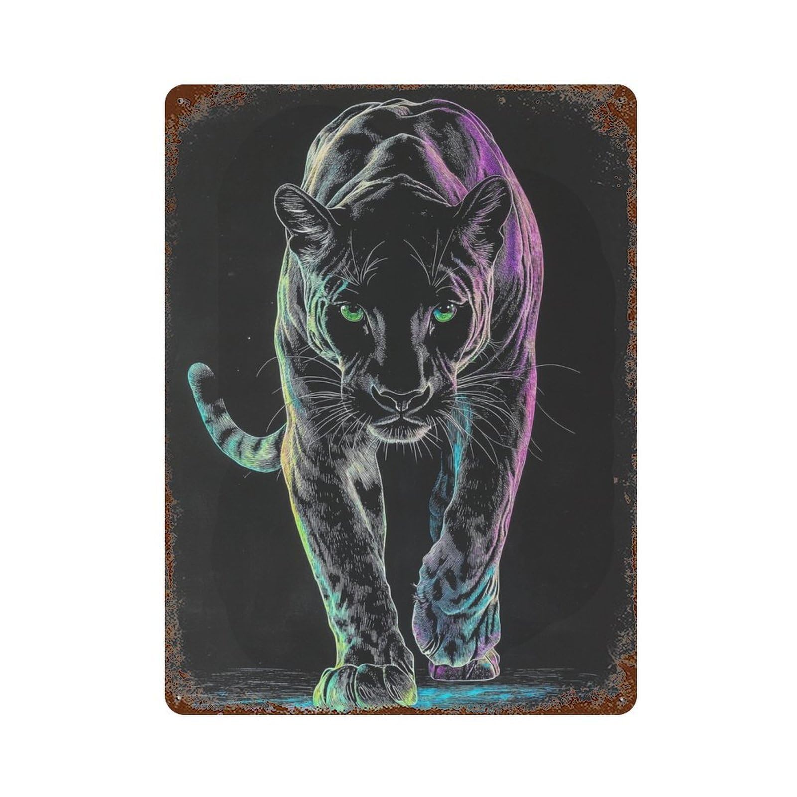 Glow-in-the-Dark Panther Art Print 15.7"x11.8" Aged Metal Wall Plaque, Retro Wall Decor for Farmhouse, Kitchen And Entryway Decor