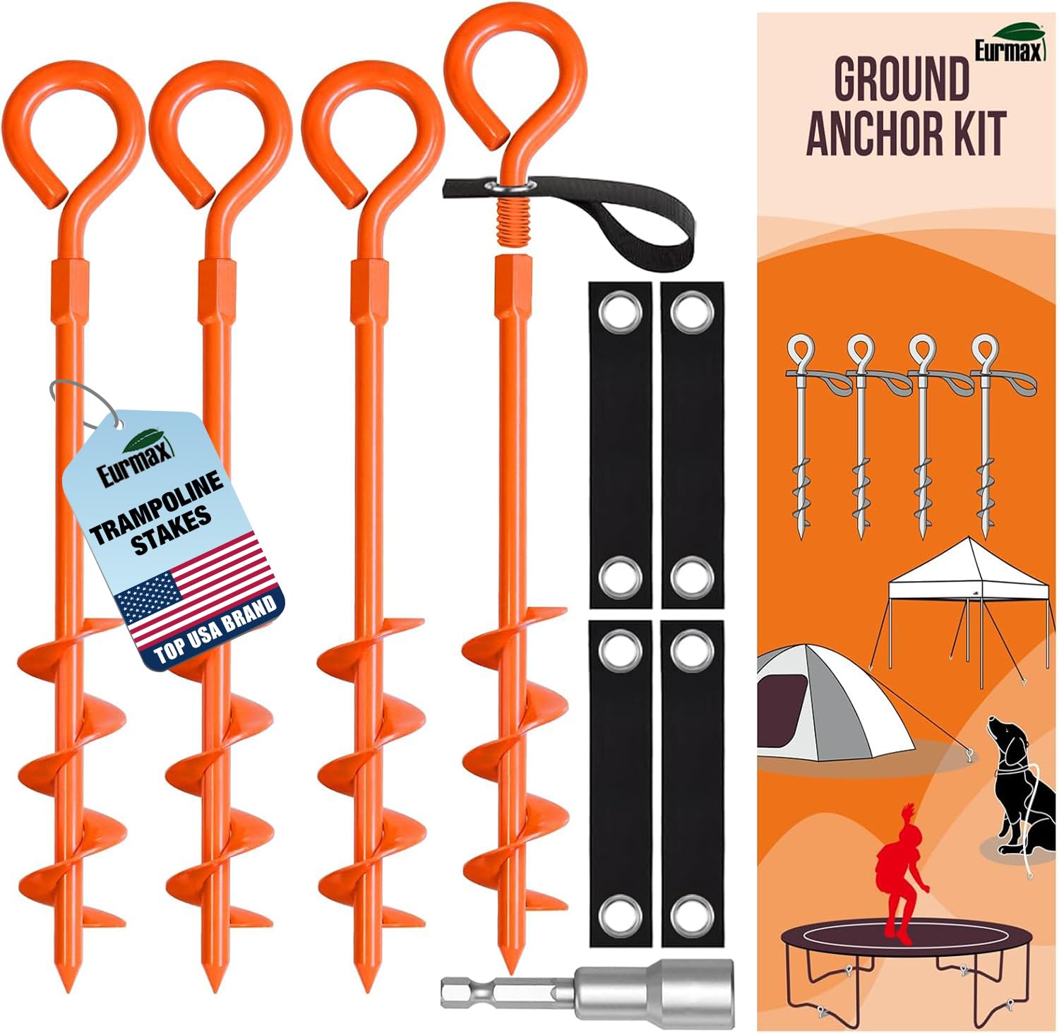 Eurmax USA Trampoline Stakes Screw in Tent Stakes Parts Heavy Duty for Canopies,4-Pack Outdoor Anchor Kit with Straps(Orange)