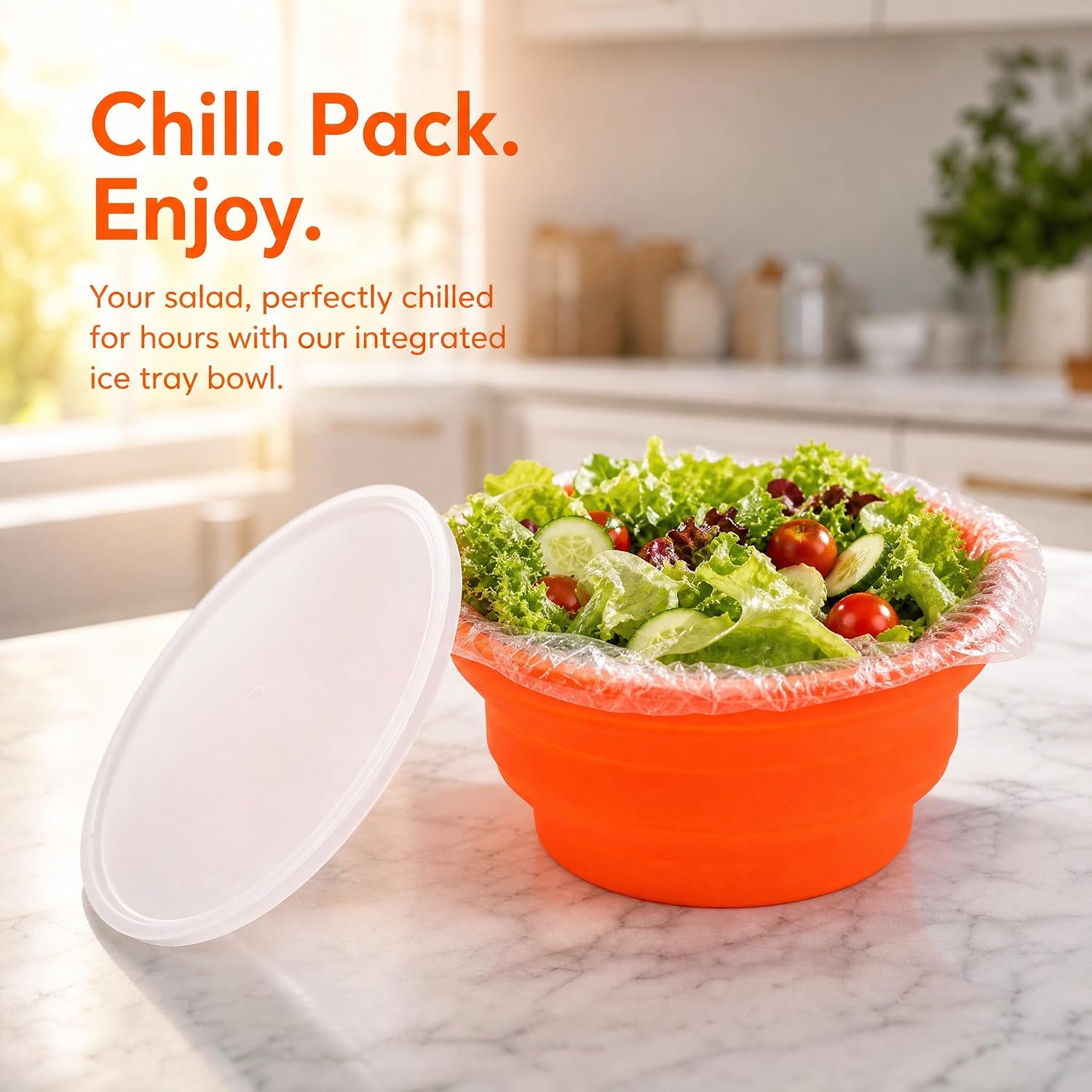 Salad Bowl, Silicone Collapsible Bowls With Lids 60oz, Salad Serving Bowls With Built-In Ice Tray & 10 Food Bags, Keep Food Cold For Party, Portable Food Storage Containers For Camping Picnic (Orange)