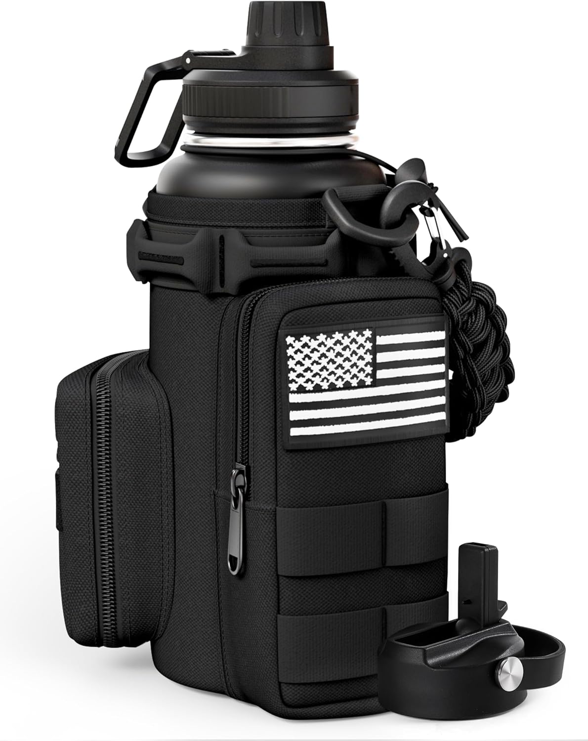 banloga Tactical Water Bottle with Straw, 32 Oz Insulated Water Jug with Molle Water Bottle Holder, Stainless Steel Sport Bottle with 2 BPA Free Lids for Gym Workout Hiking (Black)