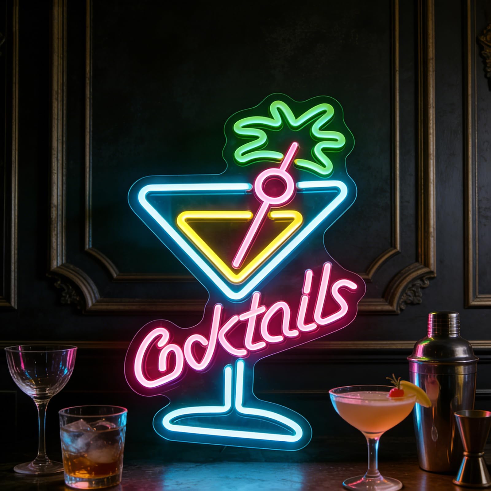 Cocktail LED Neon Sign for Wall Decor with Dimmable Switch Neon Light Sign for Home Bar Pub Party Kitchen USB Powered Neon Art Sign LED light(15.75 * 10.24IN)