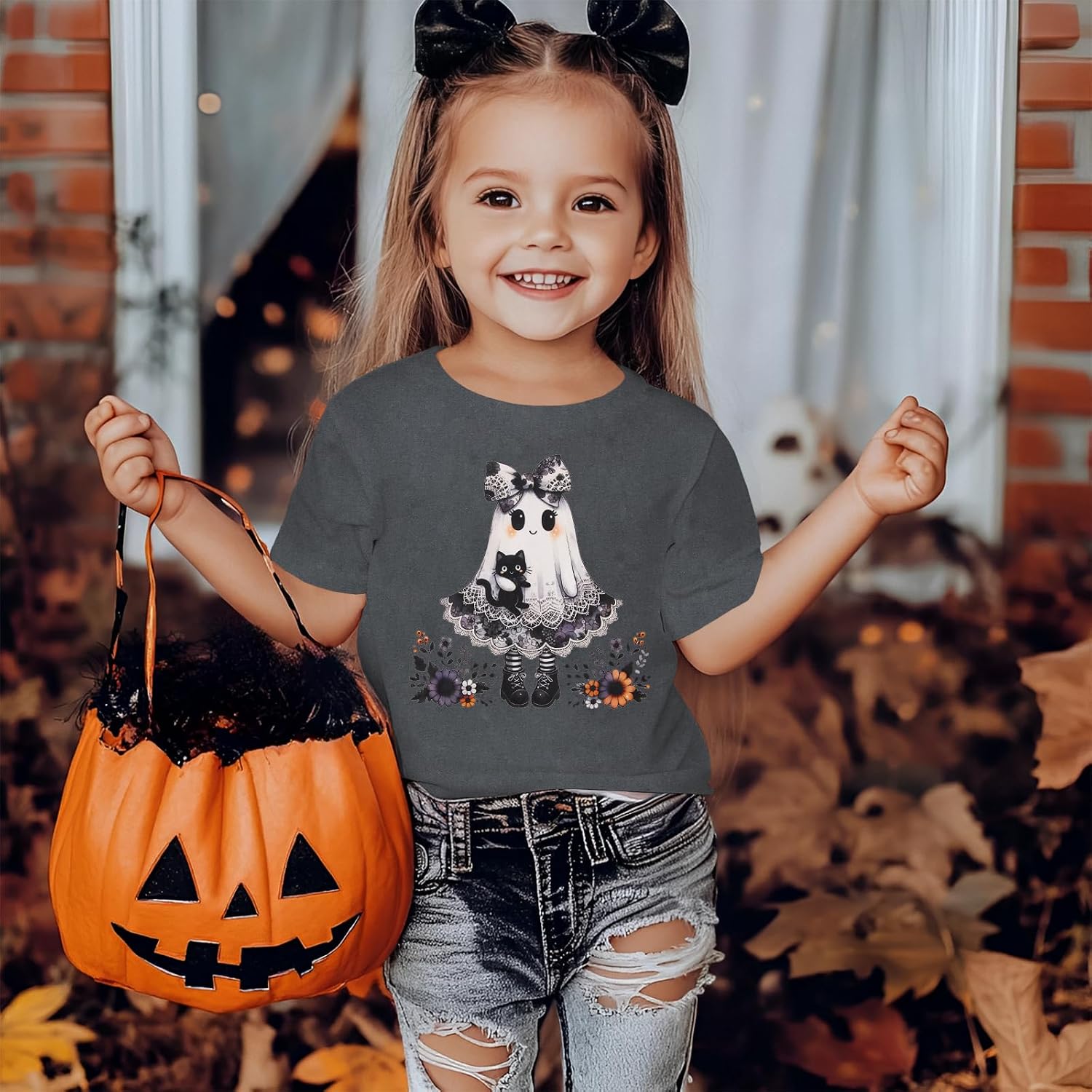 CM C&M WODRO Toddler Baby Girl Halloween Shirt Kid Cute Bow Ghost Cat T-Shirt Kids Short Sleeve Spooky Season Gift Tee Tops