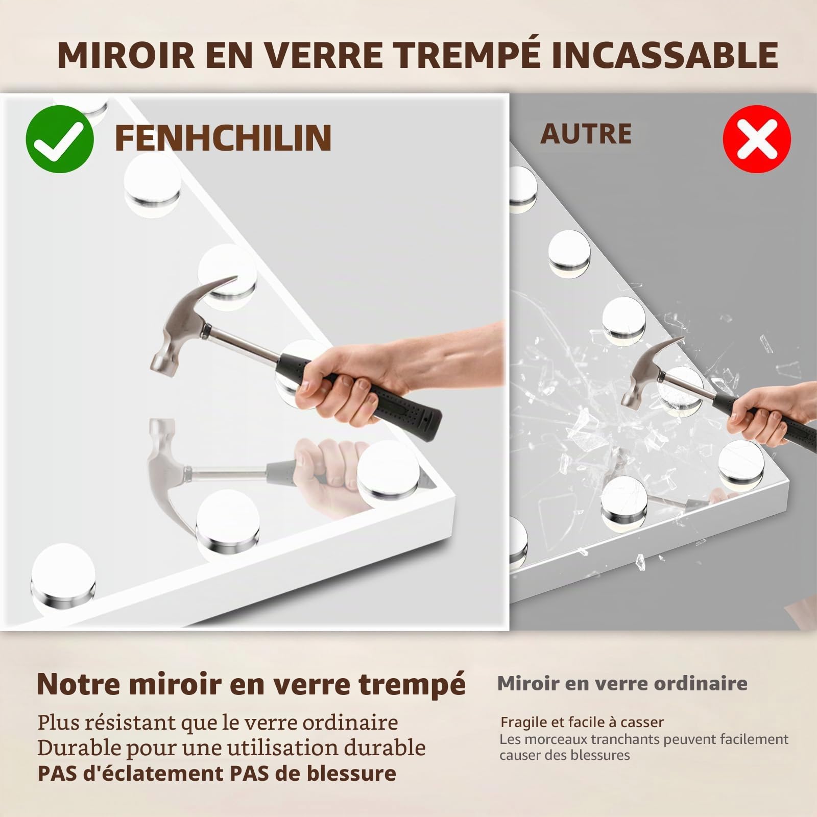 FENCHILIN Miroir Maquillage Hollywood avec Port de Charge USB 15 Ampoules LED Grand Miroir cosmétique avec 3 Modes déclairage Miroir de Table Blanc 58x46 cm