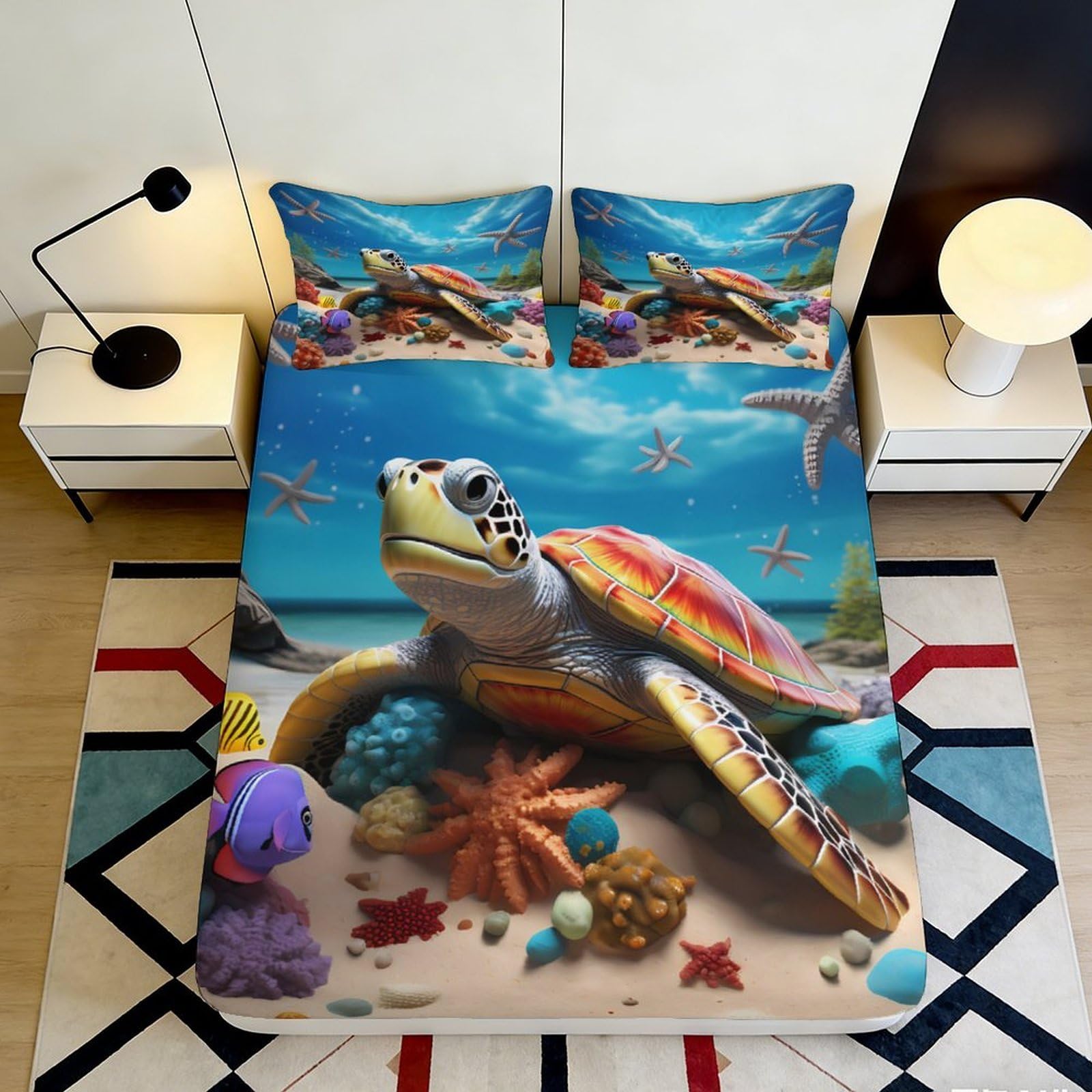 Jqzkxnhpbr Style-3 3D Printed Sea Turtle Fitted Sheet Microfiber Soft Ocean Coral Bed Cover Anti-Slip Machine Washable For Bedroom Decor 90X200x25cm