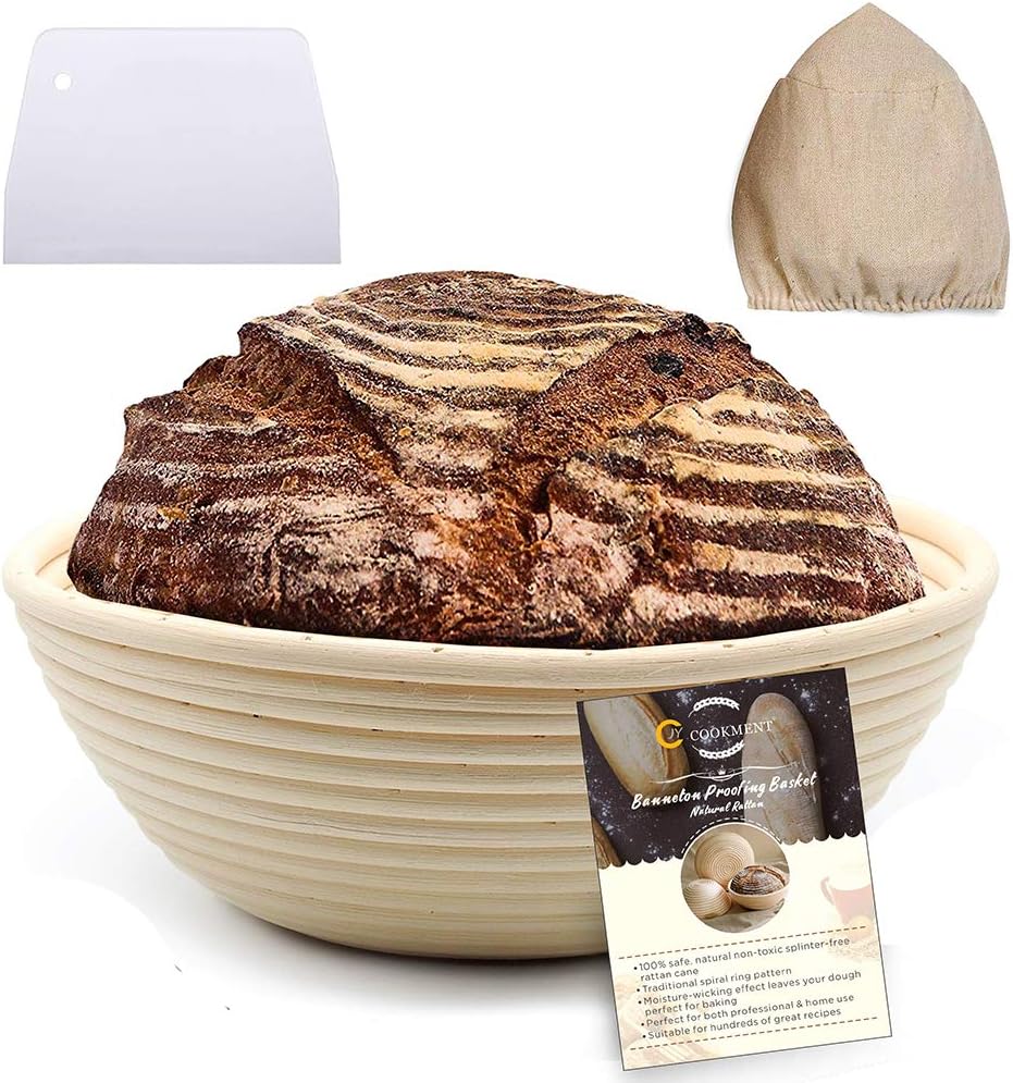 9 Inch Banneton Proofing Basket Set - Bread Proofing Basket + Linen Liner Cloth + Dough Scraper for Professional & Home Bakers-Rising Round Crispy Crust Baked Bread Making Dough Loaf Boules