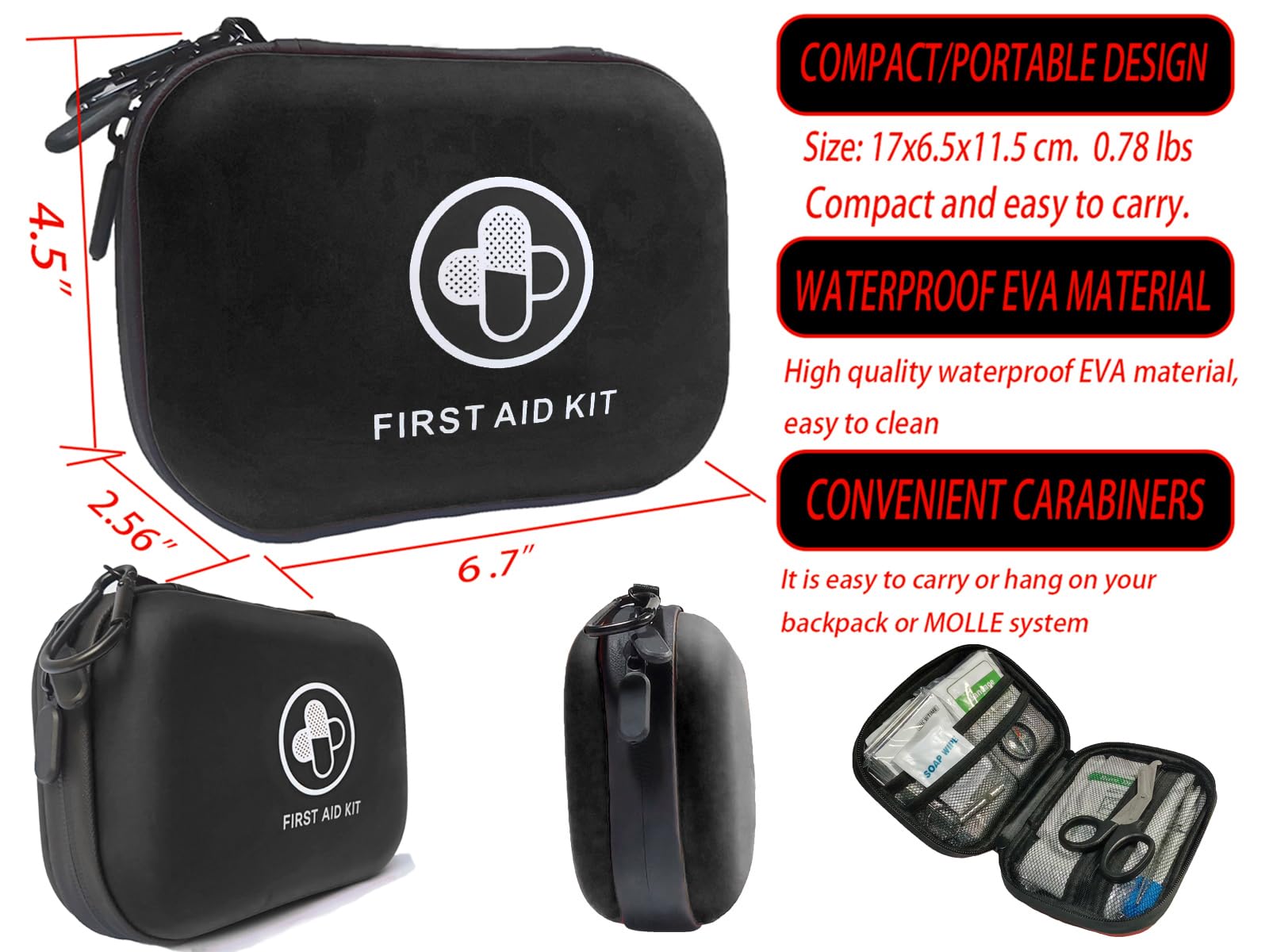 First Aid Kit 152 Piece Waterproof Hard Shell Portable Medical Kit, Black — Amazon image 7