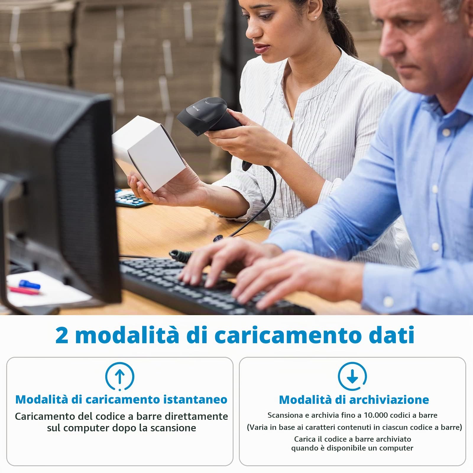 NETUM Lettore di codici a barre QR 2D con supporto, 3 in 1 Bluetooth e wireless a 2,4 GHz e USB cablato Lettore di codici a barre automatico scanner compatibile per laptop, computer, cassiere, POS
