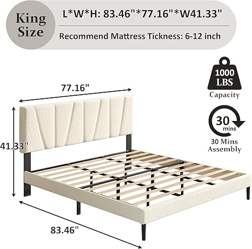Miniatura 2 de Base de cama tamaño King con cabecera tapizada de tela, cama plataforma con soporte de listones de madera, base de colchón completa, somier