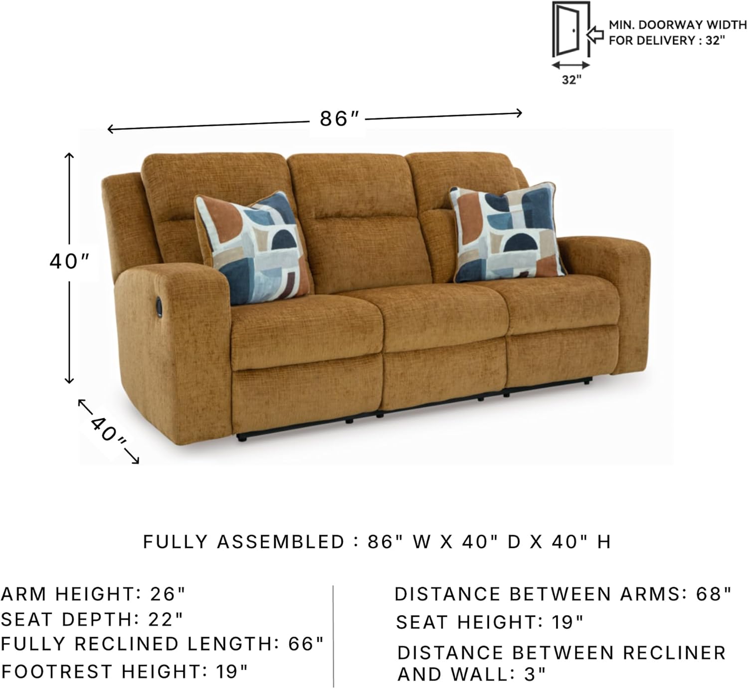 Signature Design by Ashley Kanlow Contemporary Manual Reclining Sofa with 2 Accent Pillows, Light Brown