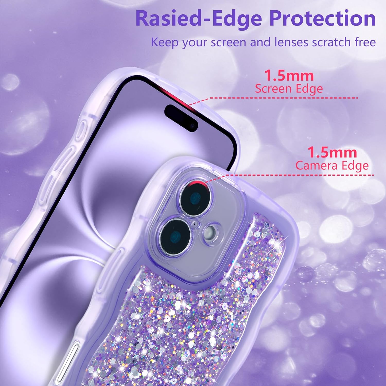 ZTOFERA for iPhone 16 Case 6.1", Cute Curly Wavy Design with Glitter Sequins,Luxury Aesthetic Bling Sparkly Shockproof Protective Phone Case for iPhone 16-Glitter Purple - Image 2